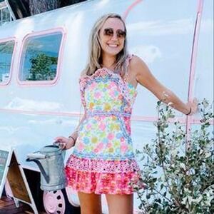 Celia B‎ Apron Eyelet Mini Dress Size S – Floral Patchwork Colorblock Ruffle